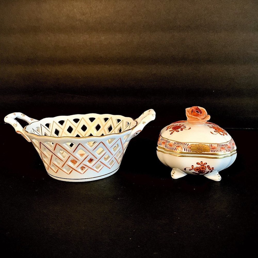 Herend Porcelain China Basket And Lidded Trinket B